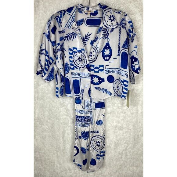 NWT Peach Medium Blue & White Short Sleeve Crop Top Waist Tie Collared V-Neck - Picture 2 of 8